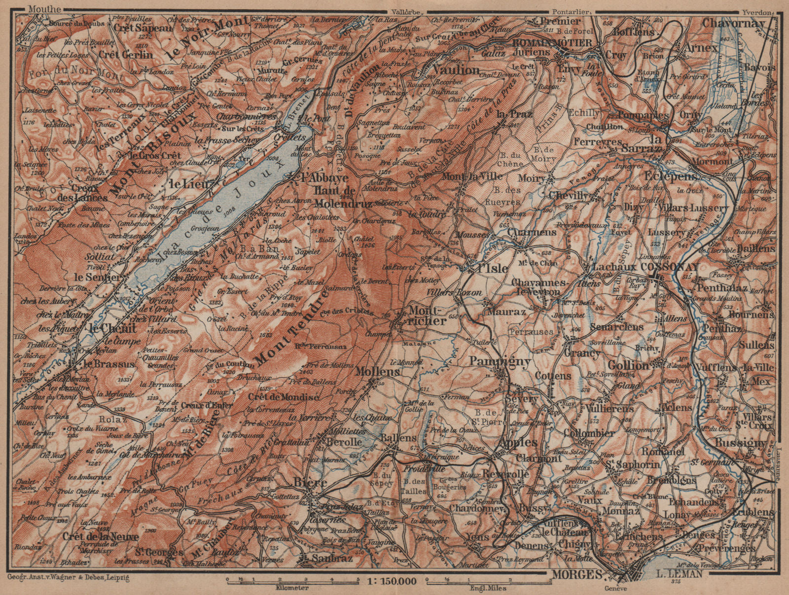 WESTERN JURA. Morges Cossonay Vaulion Mont Risoux/Tendre Lac de Joux 1899 map
